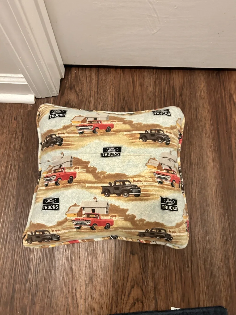 Source Unknown Beige and Red Ford Trucks Accent Pillow